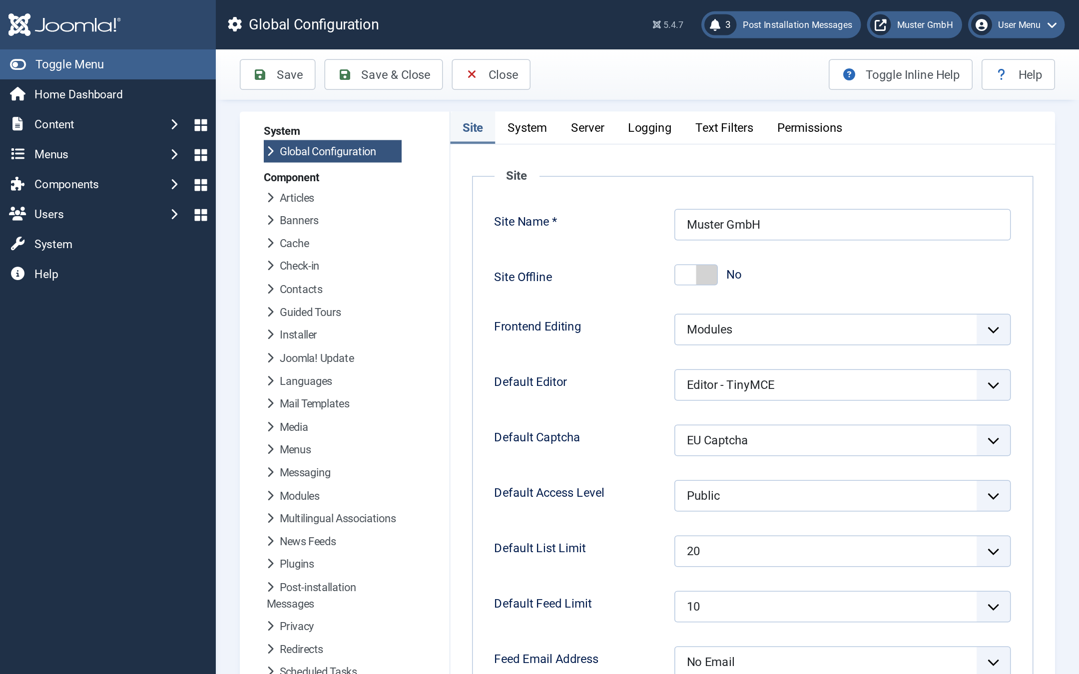 Ansicht Global Configuration mit der Option Default Captcha