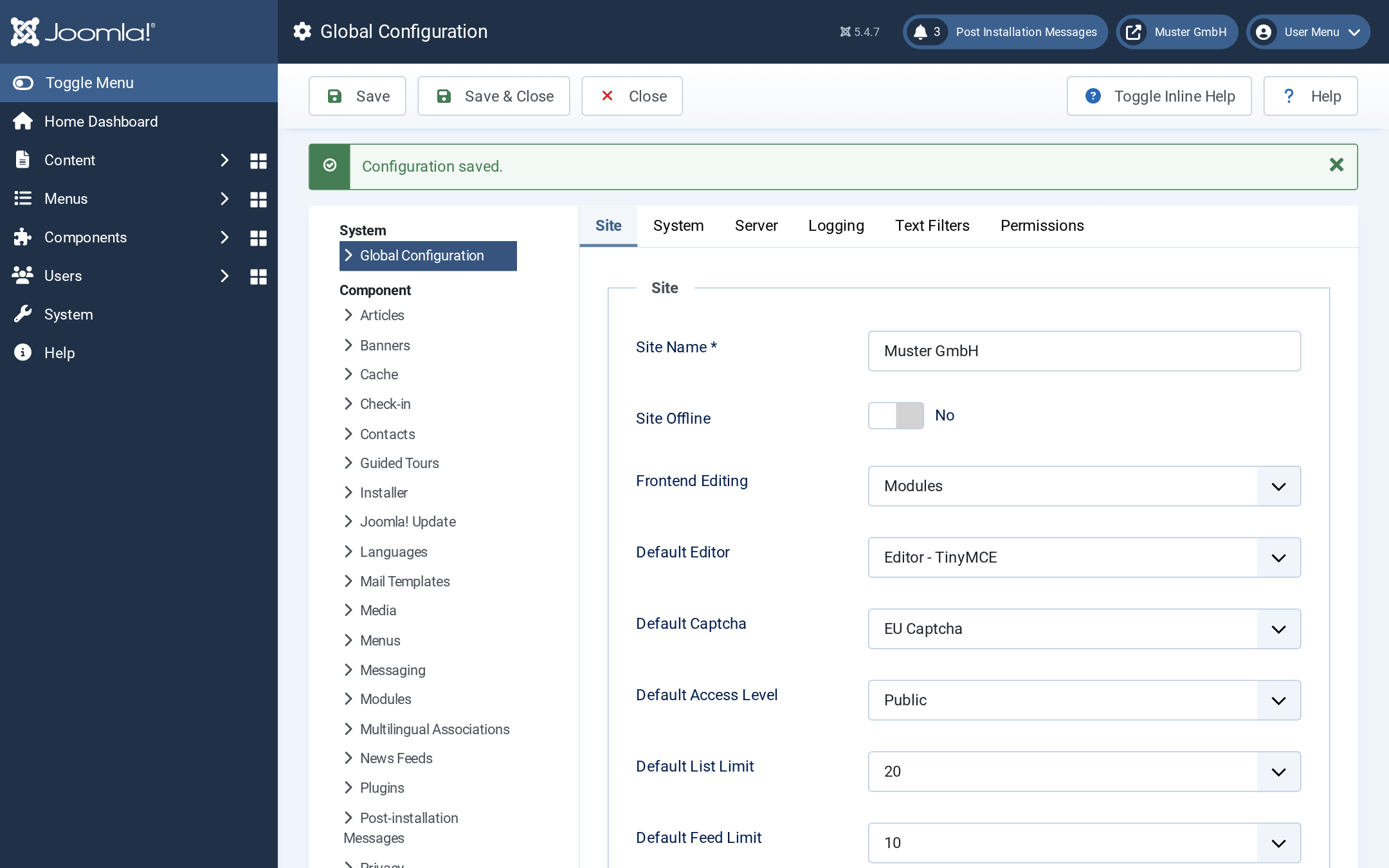 Ansicht Global Configuration nach dem Speichern