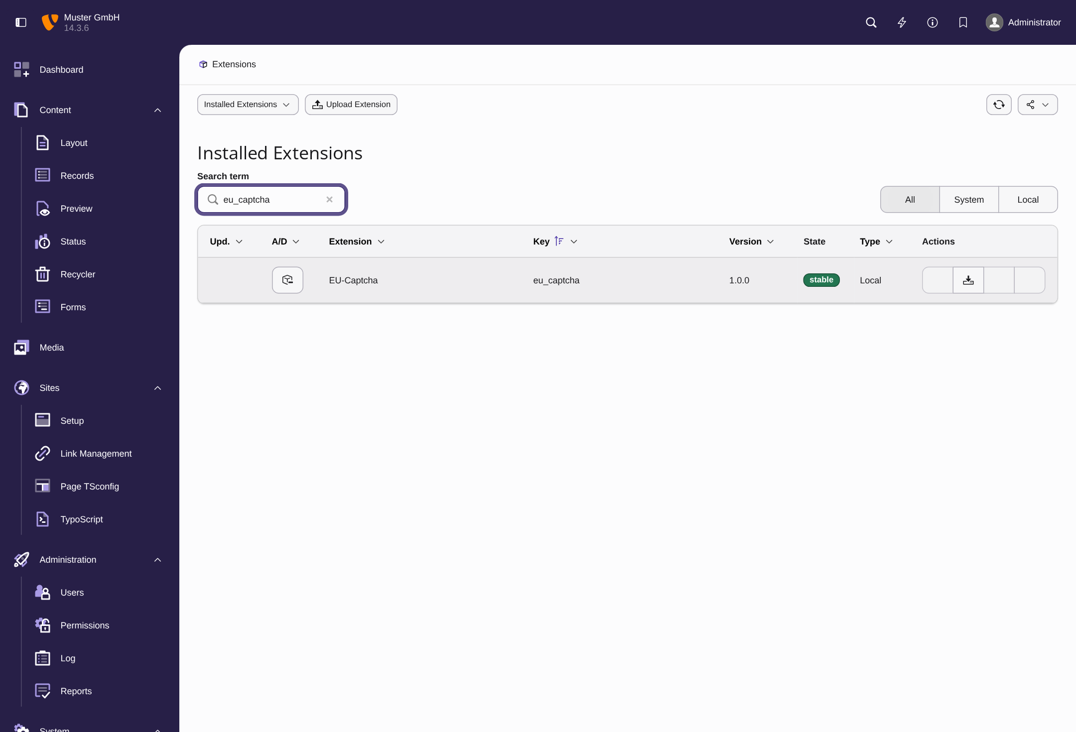 Liste Installed Extensions mit der eingeschalteten Erweiterung