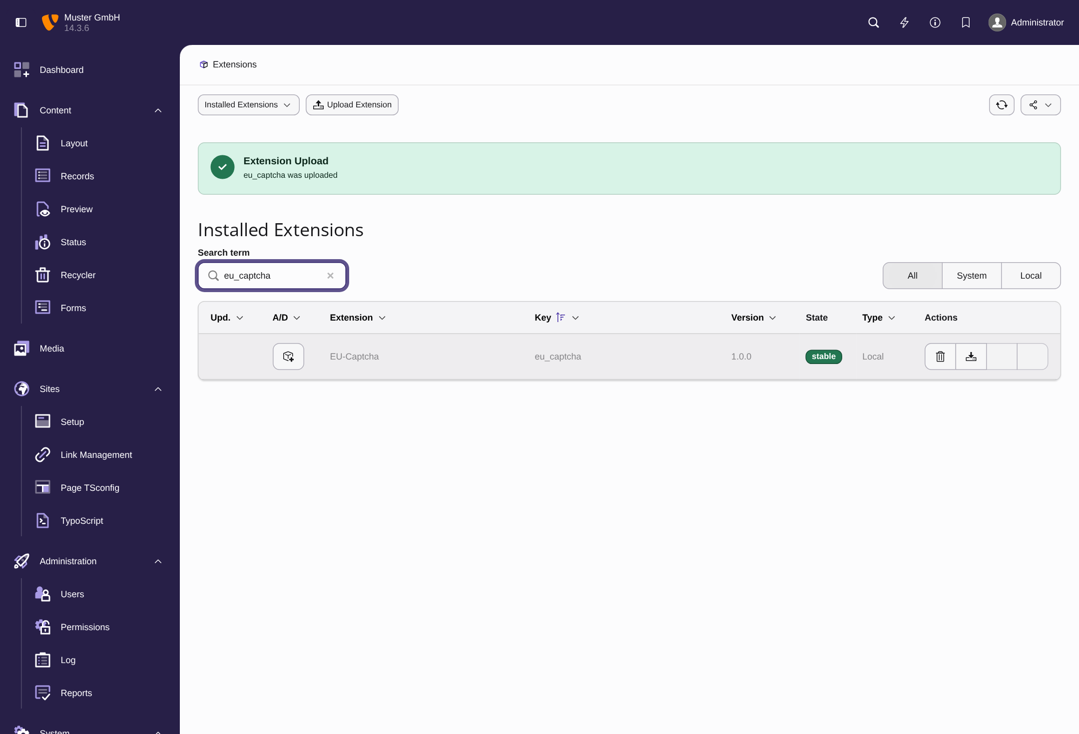 Liste Installed Extensions nach dem Hochladen