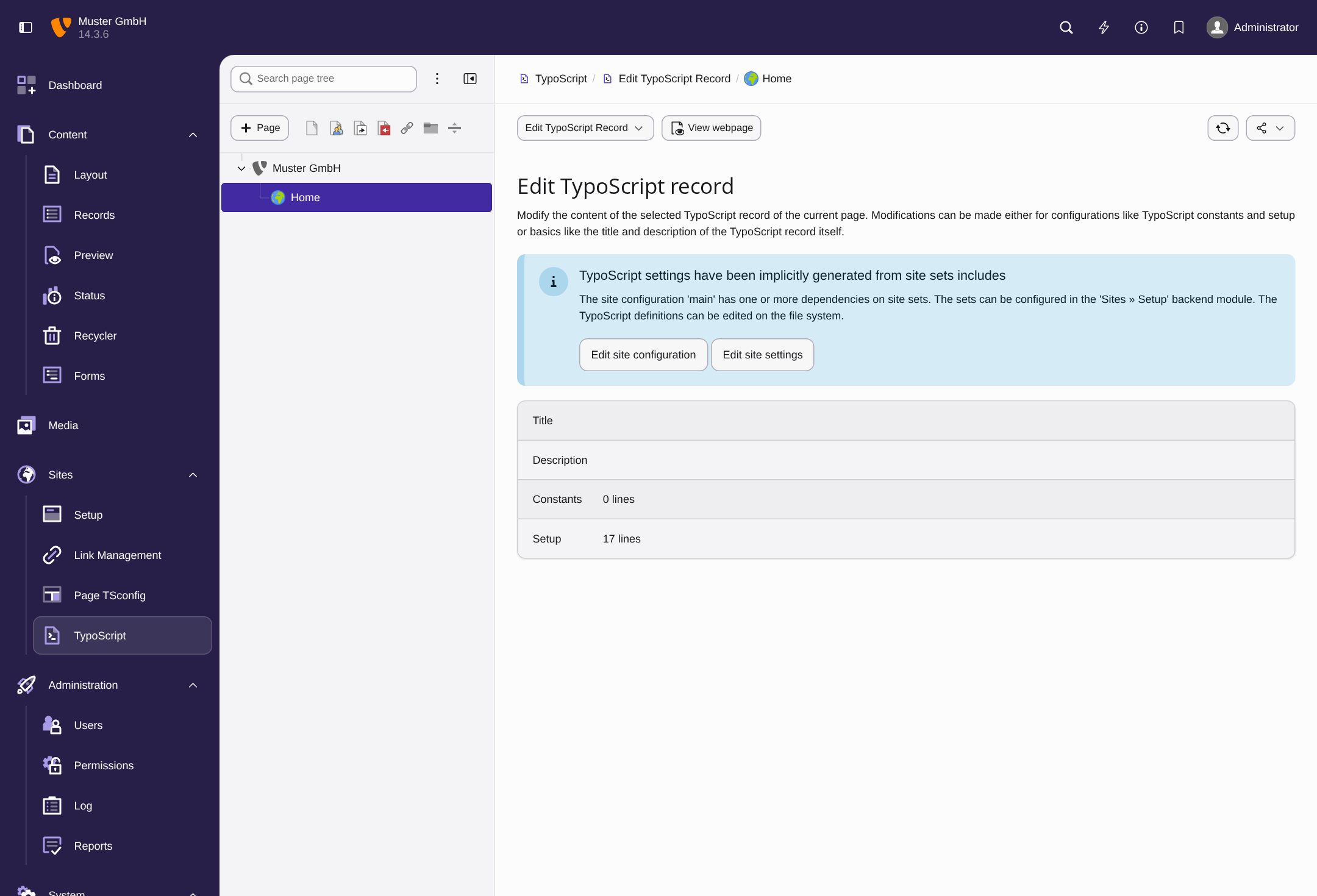 Modul TypoScript mit dem Hinweis auf das Site-Set