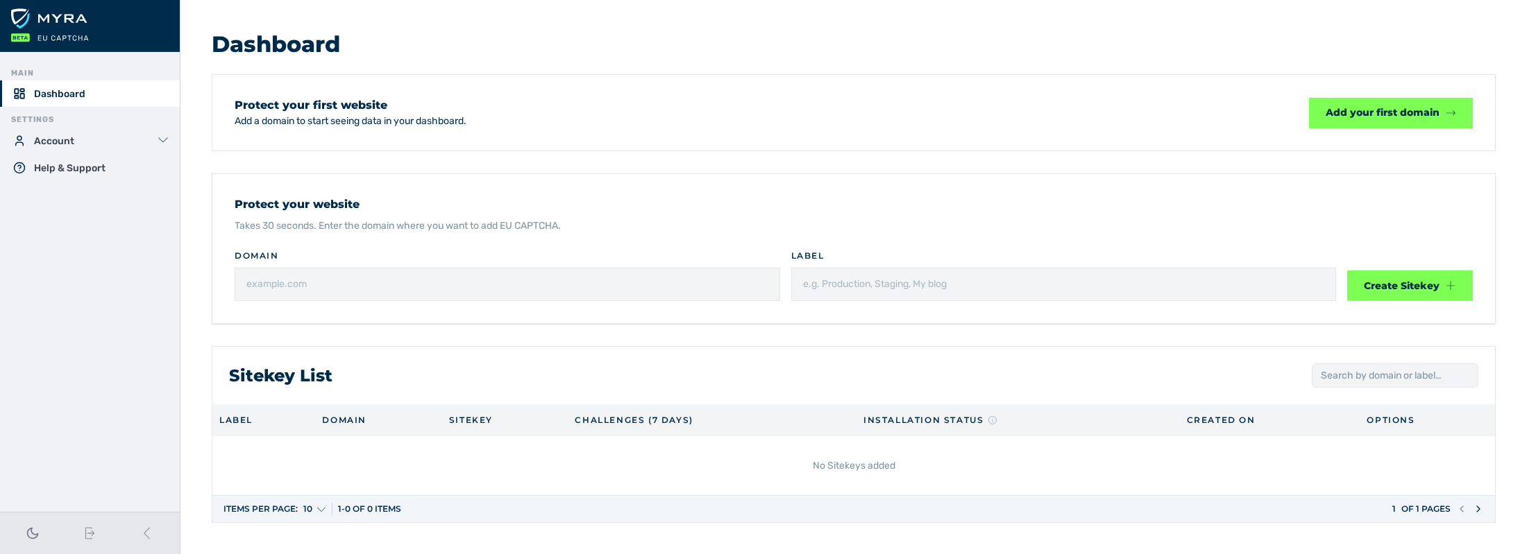 Ansicht Dashboard ohne Sitekey
