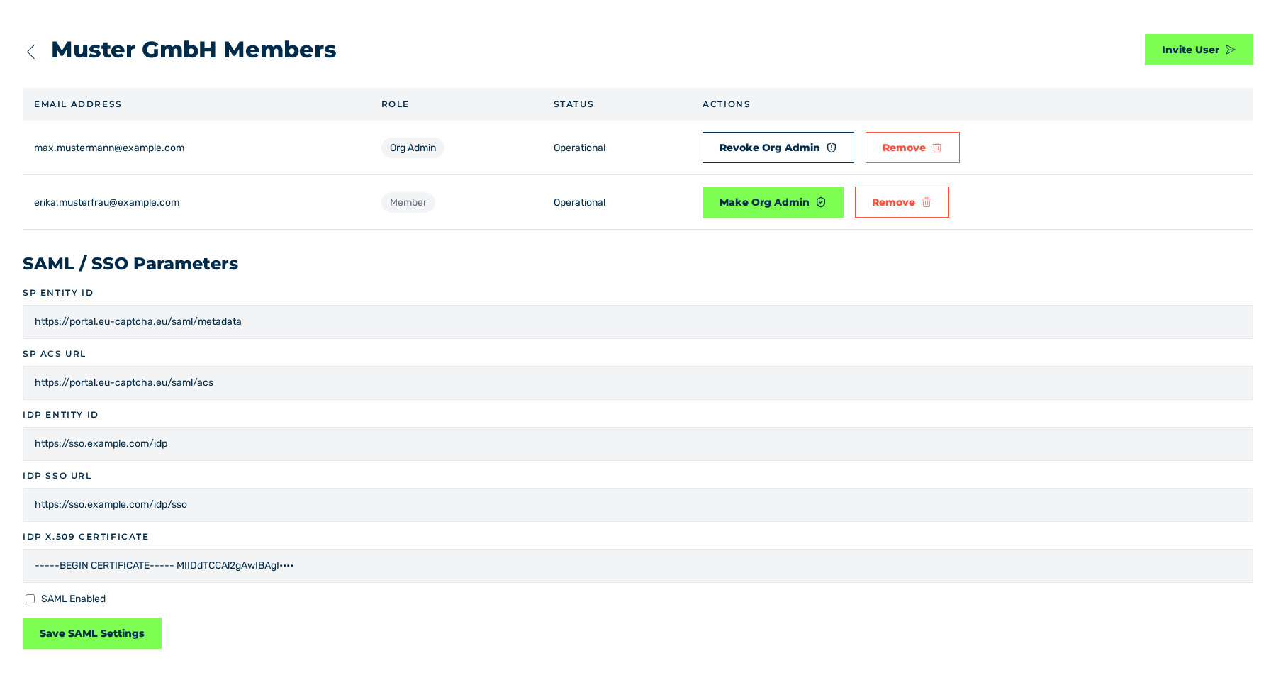 Bereich SAML / SSO Parameters