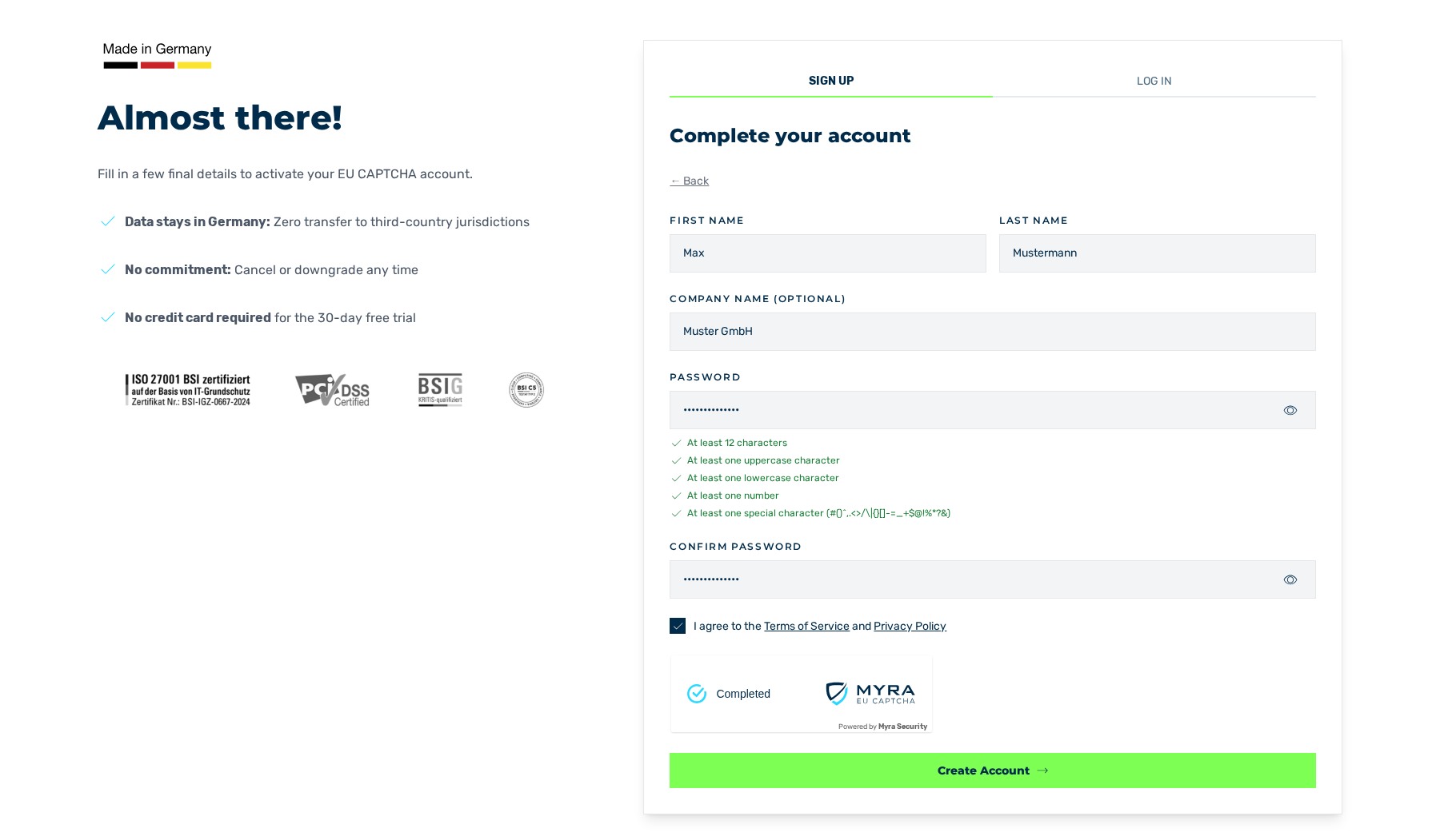 Ansicht Complete your account