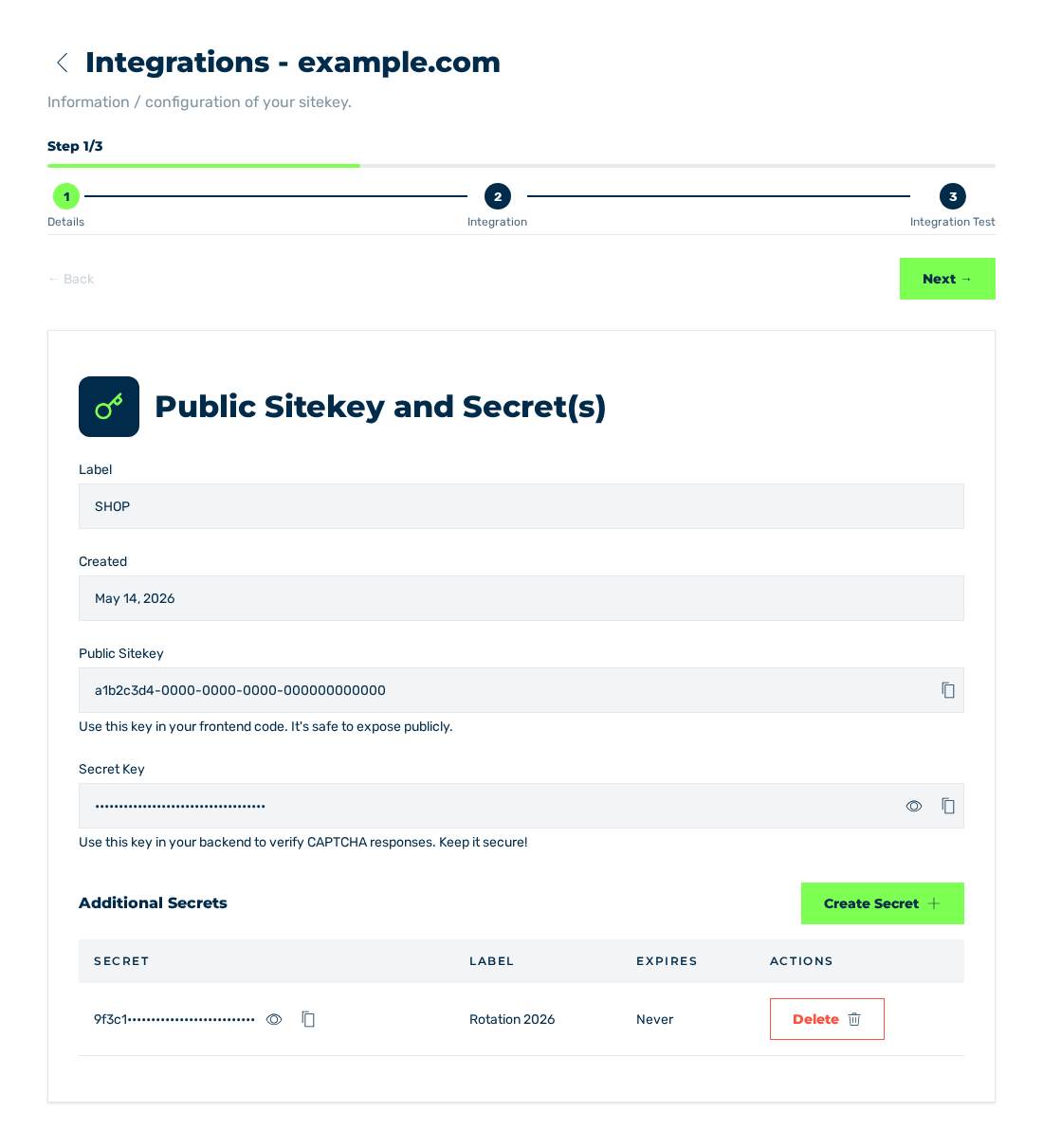Ansicht Sitekey mit den Details des Sitekeys