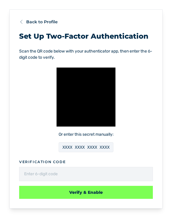 Ansicht Set Up Two-Factor Authentication mit maskiertem QR-Code