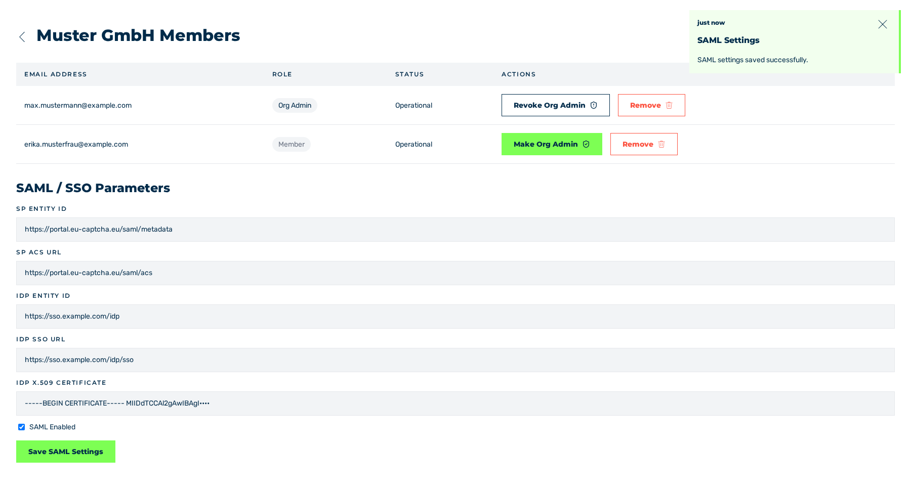 SAML / SSO Parameters area after the save operation