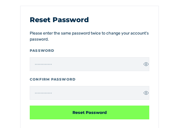 Reset Password view with the Password and Confirm Password fields