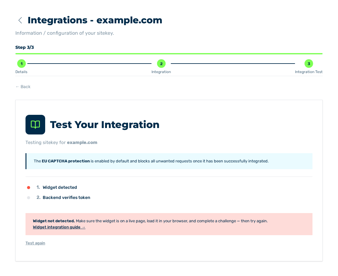 Integration Test view with the Widget not detected. message